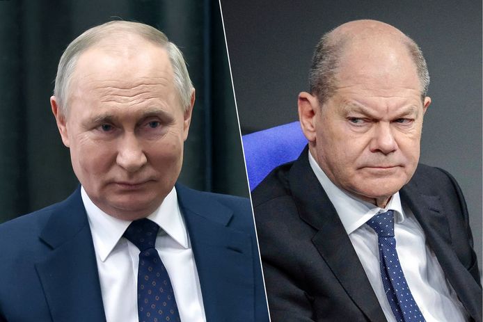 De Russische president Vladimir Poetin en de Duitse bondskanselier Olaf Scholz.