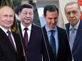 Presidenten Vladimir Poetin, Xi Jinping, Bashar al-Assad enRecep Tayyip Erdogan.