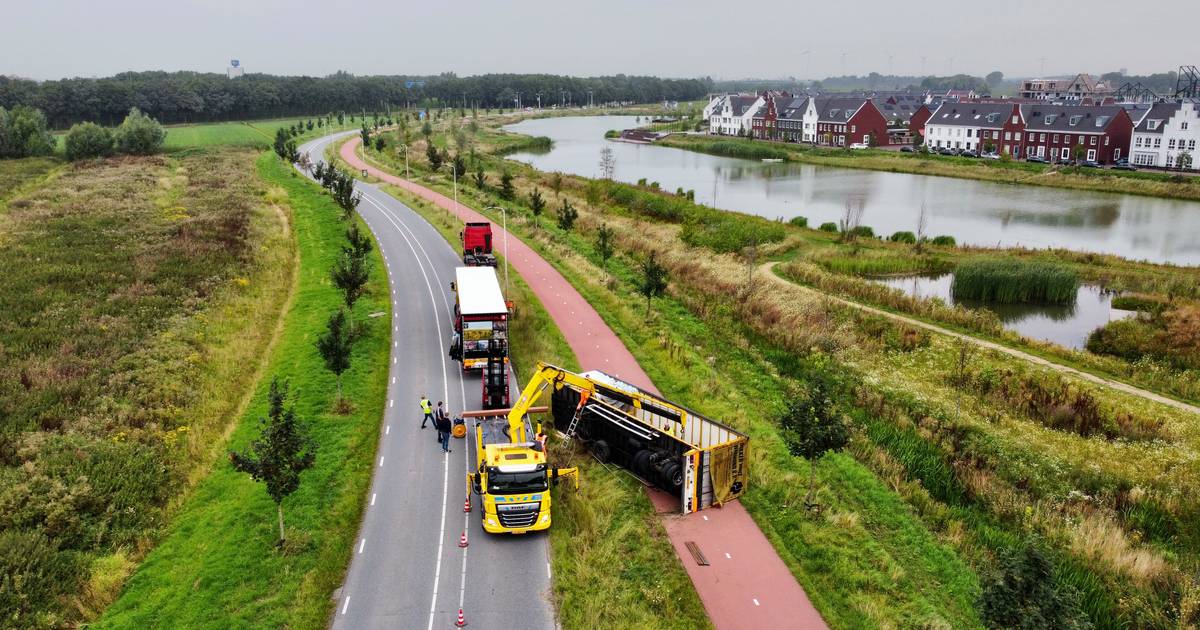 Vrachtwagen vol hout kantelt in Hagestein, weg volledig afgezet