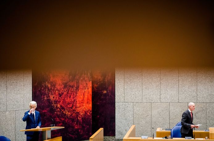 Geert Wilders (PVV) en Minister Stef Blok van Buitenlandse Zaken (VVD) in de Tweede Kamer.