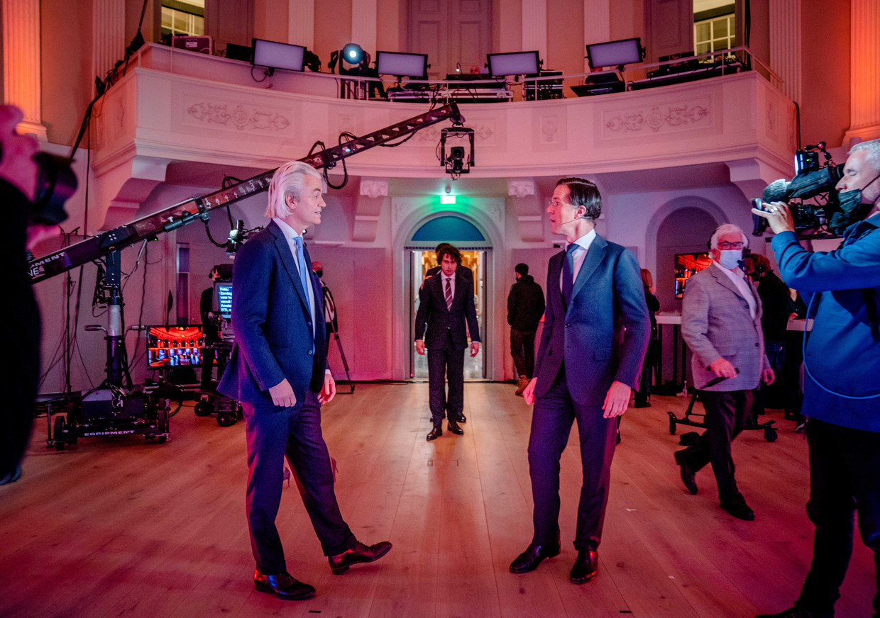 Geert Wilders (PVV), Jesse Klaver en Mark Rutte (VVD) voorafgaand aan het RTL Verkiezingsdebat in het Amsterdamse Felix Merites.  Beeld ANP