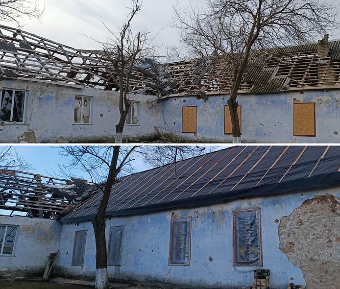 En quatre jours, les bénévoles du Convoi de la Solidarité et les habitants de Davydiv Brid ont remis le toit de cet hôpital en état, et ont refait l'électricité.