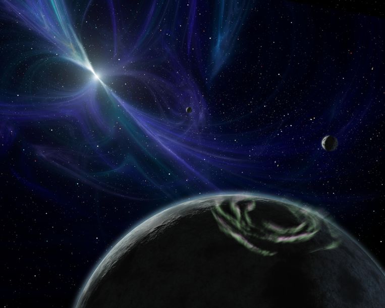 PSR B1257+12 A, planeten die draaien om een pulsar, een extreme ster die de oppervlakten van haar metgezellen dag in dag uit bekogelt met een stralingsdosis die een mens direct tot stof zou reduceren. Beeld RV NASA/JPL-Caltech