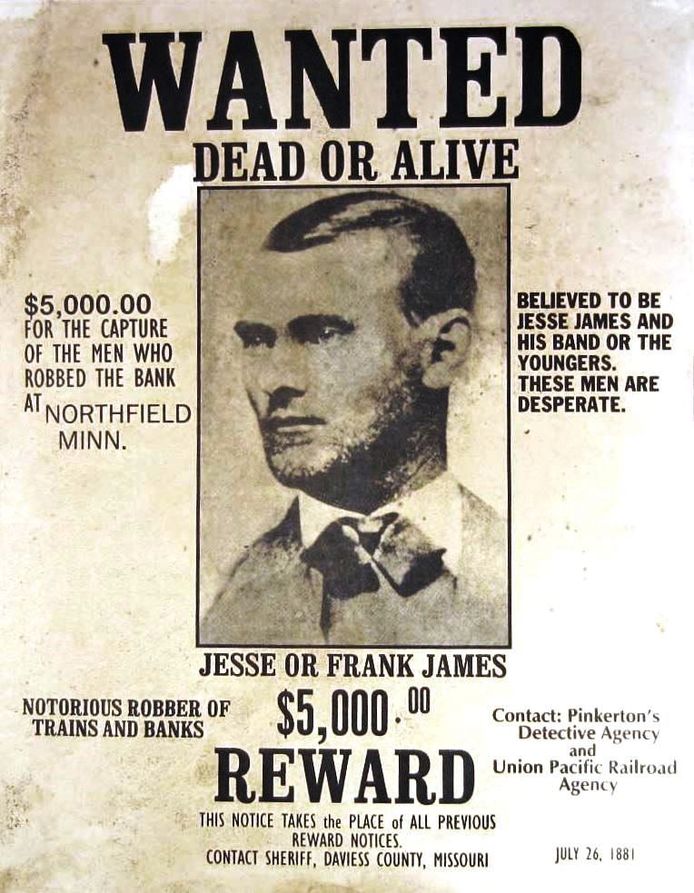 Een Wanted-poster voor Jesse James. Onder andere zijn broer Frank maakte deel uit van zijn roversbende.