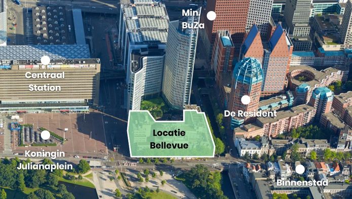Bellevue. De bouwlocatie schuin tegenover station Den Haag Centraal. Er komen onder meer twee woontorens van 180 meter