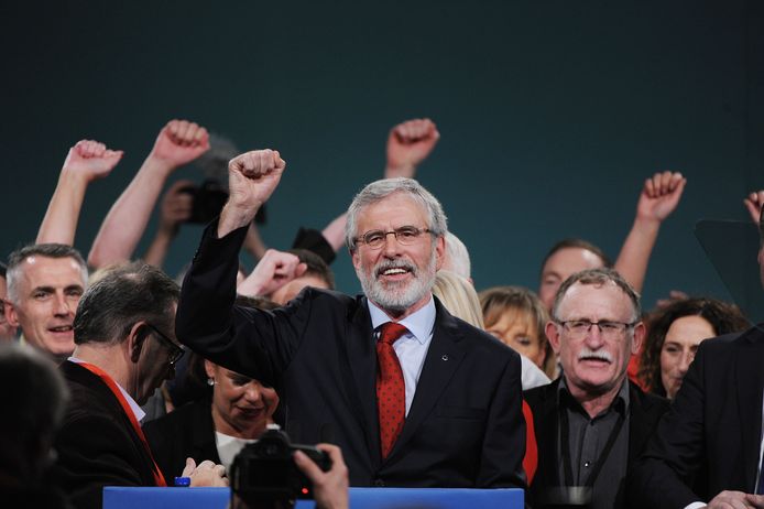 Voorzitter van Sinn Féin Gerry Adams na zijn toespraak op het partijcongres op 18 november 2017.