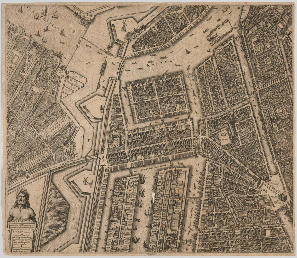 Deel van een kaart van Amsterdam uit 1625, met de ruit in de bocht van de Amstel waar Vlooienburg werd gebouwd. Het zuidwesten is boven Beeld Balthasar Florisz. van Berckenrode/Stadsarchief Amsterdam