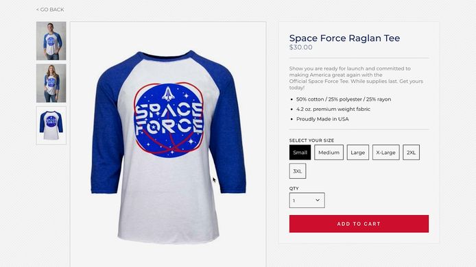 T-shirt van Space Force uit de online webshop van Donald Trump.
