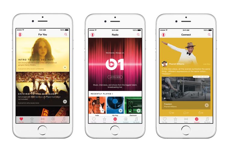 Verschillende secties van de Apple Music-app. Beeld ap