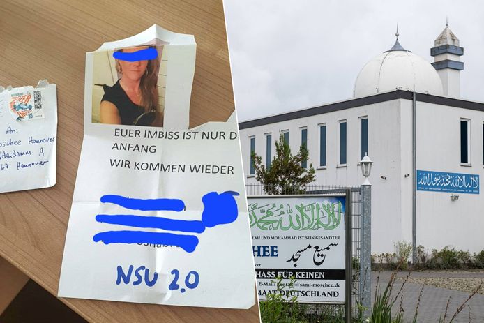 De dreigbrief werd gedeeld op X (links). Onder meer een moskee in Hannover ontving onlangs zo'n brief (rechts: foto van een moskee in Hannover).