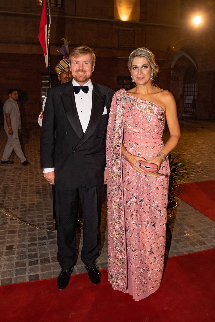 Koning Willem-Alexander en Máxima tijdens het staatsbanket in New Delhi, India.