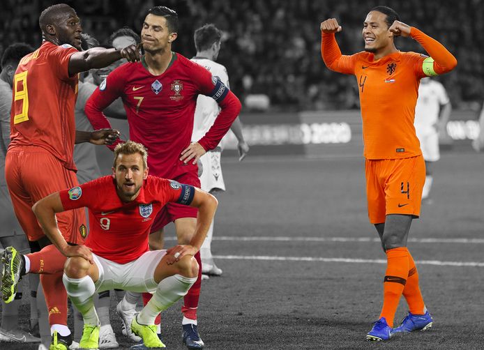 Virgil van Dijk (rechts). Inzetjes: Romelu Lukaku, Harry Kane en Cristiano Ronaldo.