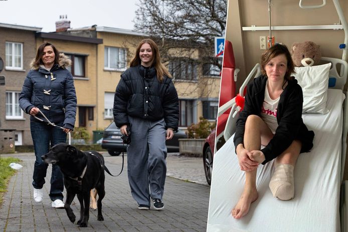 De voet van Sofie Van Hoof werd geamputeerd na een kleine wonde. Op de foto met haar dochter en honden Muffin (zwart) en Mio.