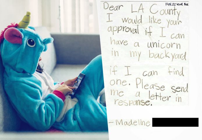 Fotomontage. Links een kind in een eenhoorn-onesie, rechts het briefje van de kleine Madeline.