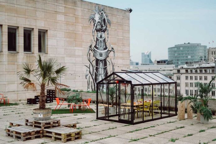 Het dakterras van de Koninklijke Bibliotheek in Brussel waar je heerlijk kan lunchen of dineren.