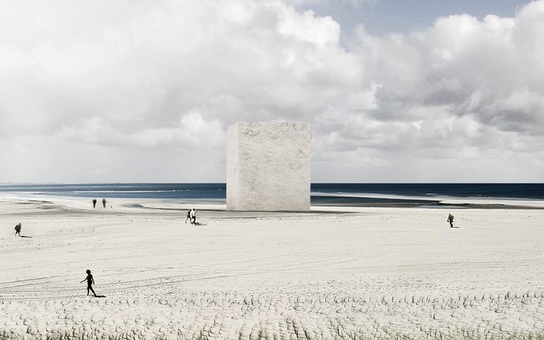 Impressie van het blok zandsteen van acht bij acht meter en twaalf meter hoog, dat op de Tweede Maasvlakte moet verschijnen. Beeld Beeld: Zandblok aan Zee - RAAAF | Atelier de Lyon