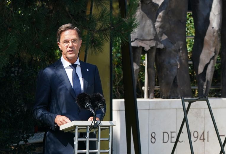 Premier Mark Rutte houdt een toespraak bij het Indisch Monument tijdens de nationale herdenking van het einde van de Tweede Wereldoorlog in voormalig Nederlands-Indië. Beeld Hollandse Hoogte /  ANP