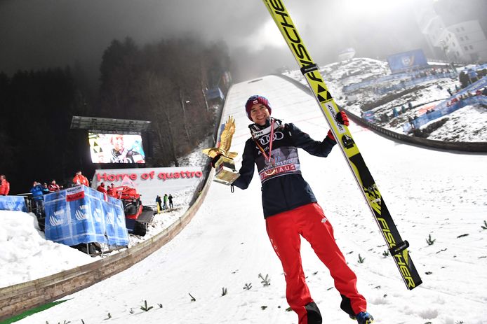 Kamil Stoch of Poland celebrates after the fourth and final stage of the Four-Hills Ski Jumping tournament (Vierschanzentournee) in Bischofshofen, Austria, January 6, 2018.