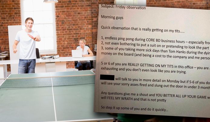 Een beeld van een kantoor waar een pingpongtafel staat. Rechts  de mail die de afgelopen dagen viraal ging.