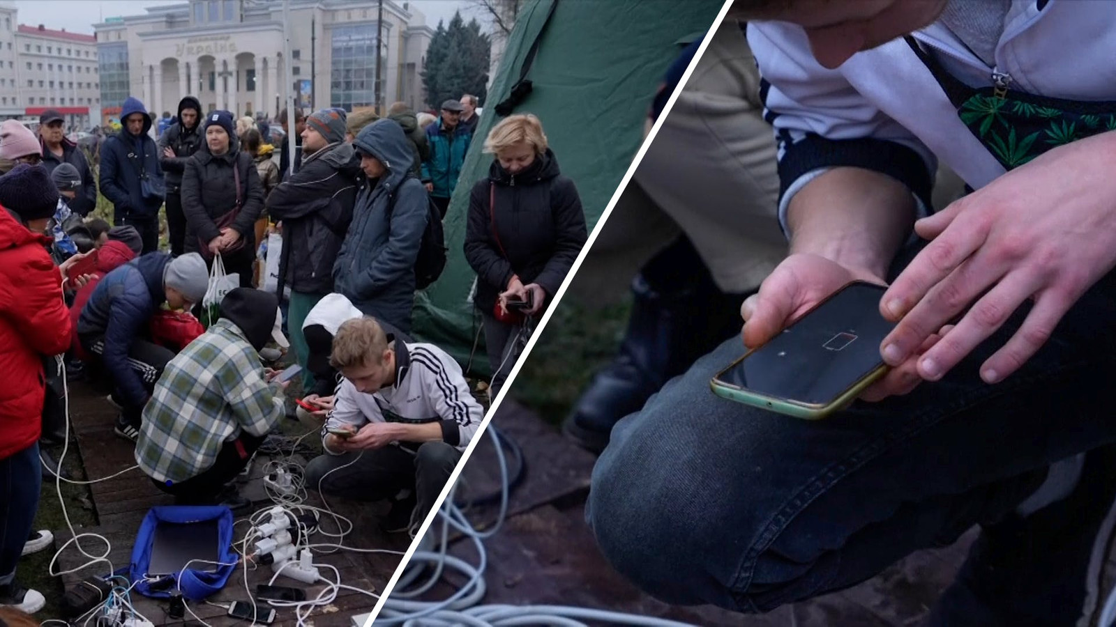 In de bevrijde stad Cherson zijn aggregaten weggezet zodat inwoners hun mobiele telefoon kunnen opladen.