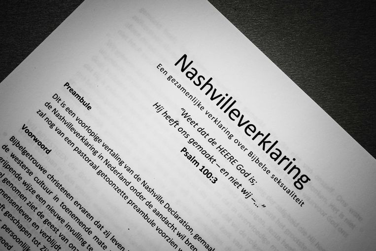 Nederlandse vertaling van de Nashvilleverklaring waarin homoseksualiteit en transgenderisme expliciet wordt afgewezen.  Beeld ANP