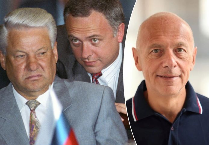 Andrej Kozyrev zoals hij er vandaag uitziet (rechts) en als Buitenlandminister onder Boris Jeltsin (uiterst links) in 1992.