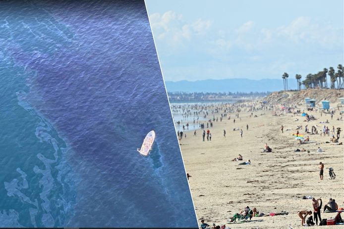 De olievlek bij Huntington Beach in Californië. (08/03/24) / Archiefbeeld. Het strand van de kuststad. (20/03/20)
