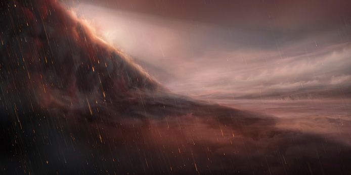 Impressie van hoe het er aan toe gaat op de exoplaneet WASP-76b, een planeet twee keer zo groot als Jupiter. De regen zou vallen in de vorm van heet vloeibaar ijzer.