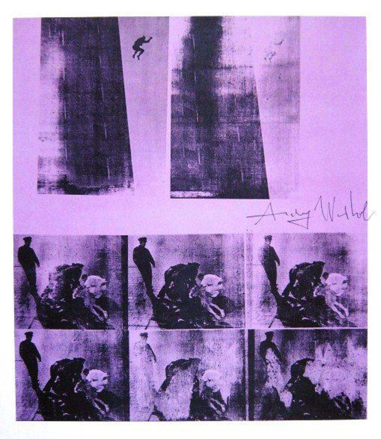 Een van de 'suicide'-werken van Andy Warhol, Suicide (Purple Jumping Man), 1963. Beeld Coll. Tehran Museum of Contemporary Art