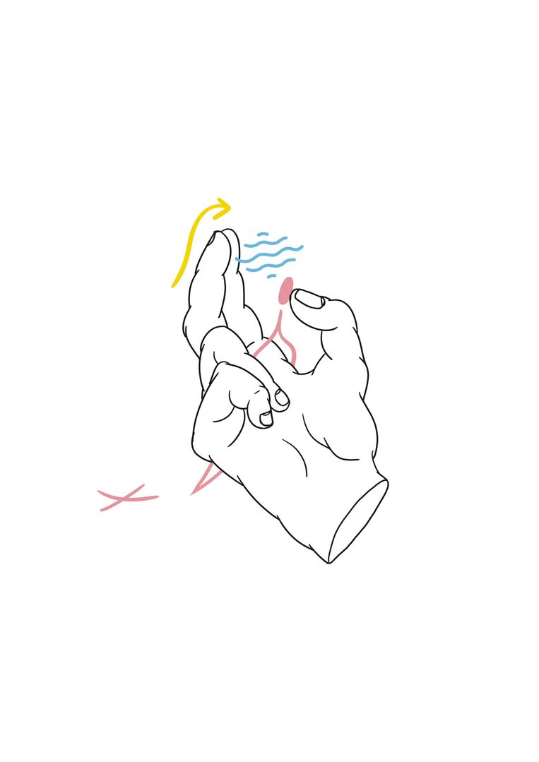 'Rookpauze': je houdt je hand alsof je een peukje tussen je vingers houdt en je maakt een ‘kom hier’-gebaar. Met uw duim streel je zacht de glans van de clitoris. Let op dat het niet te weldadig wordt. Beeld June Pla