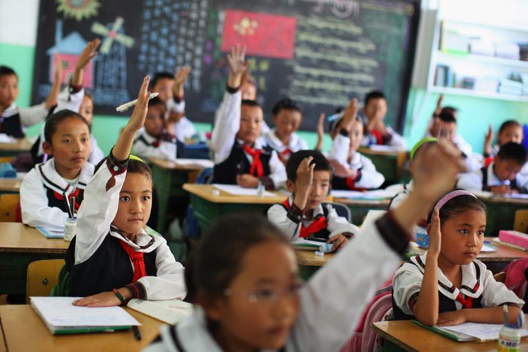 Kinderen op een basisschool in de Tibetaanse hoofdstad Lhasa. De eigen taal wordt er steeds meer verdrongen door het Chinees. Beeld Getty Images