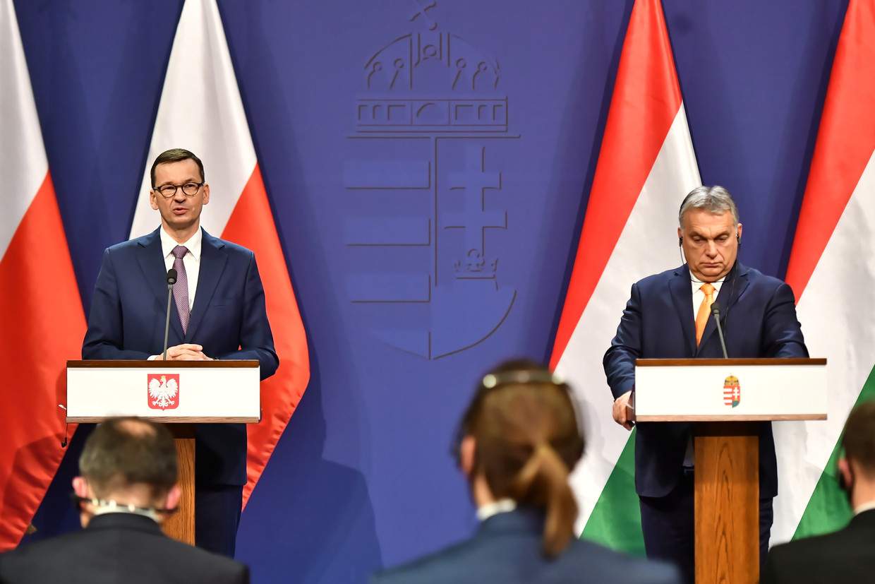 De Poolse en Hongaarse premier Mateusz Morawiecki (l.) en Viktor Orban in een gezamenlijke verklaring eind vorig jaar, gericht tegen het EU-rechtsstaatsprincipe. Beeld EPA