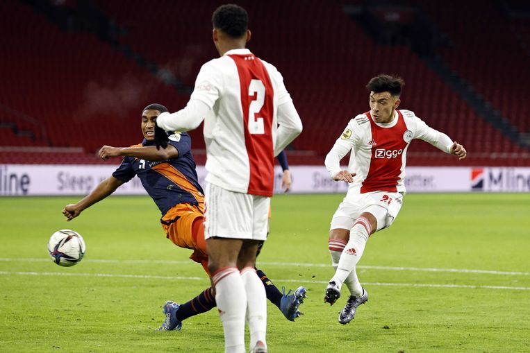 Lisandro Martinez zet Ajax op een 2-0-voorsprong. Willem II werd gemakkelijk verslagen: 5-0. Beeld ANP