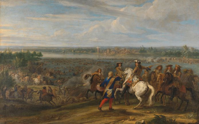 De oversteek van Lodewijk XIV bij de Rijn bij Lobith, geschilderd door Adam Frans van der Meulen. Op de achtergrond zie je het voormalige Lobithse kasteel Het Tolhuis.