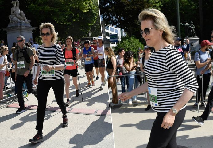 Koningin Mathilde van België op de foto tijdens de 43e editie van het hardloopevenement 20 km door Brussel - 20 km de Bruxelles, zondag 28 mei 2023 in Brussel.