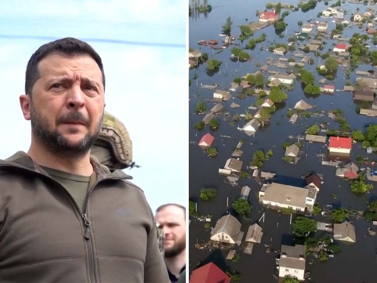 Zelensky bezoekt overstroomde regio Kherson na damdoorbraak