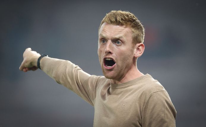 Charleroi's head coach Edward Still gestures during a soccer match between Sporting Charleroi and KV Mechelen, Saturday 14 May 2022, in Charleroi, on the fifth day of the 'Europe' play-offs of the 'Jupiler Pro League' first division of the Belgian championship. BELGA PHOTO VIRGINIE LEFOUR