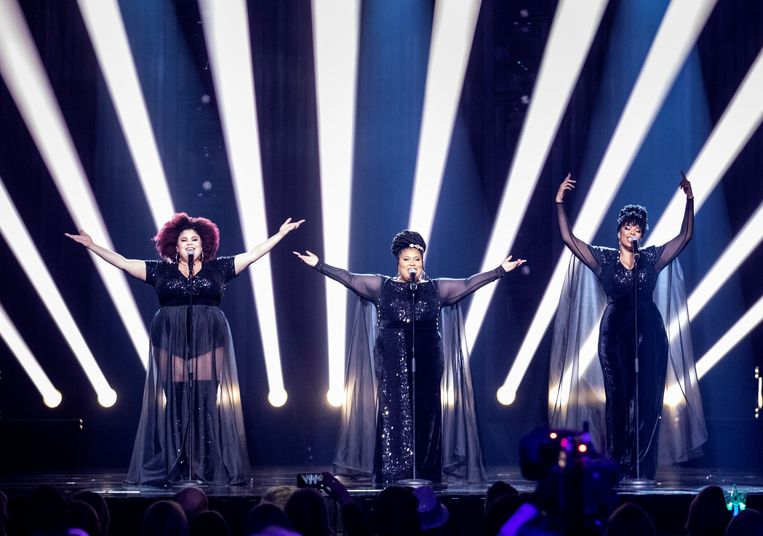 Winnaars ‘The Mamas’ op het Melodifestivalen in Stockholm in 2020. Beeld EPA