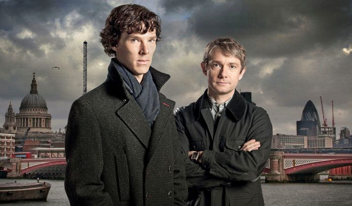 Benedict Cumberbatch en Martin Freeman als Sherlock Holmes en John Watson in BBC-reeks 'Sherlock'.