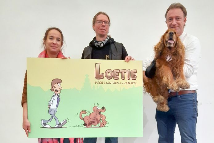 Hélène Poncelet en John Mor Crombez met Frederic de Vos en hond Loetie, die stripfiuren worden.