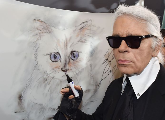Lagerfeld maakt een schets van zijn kat, Choupette, in 2015.
