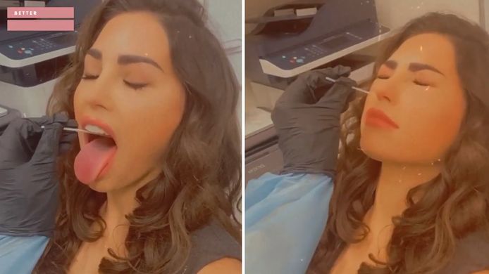 Yolanthe tijdens haar coronatest.