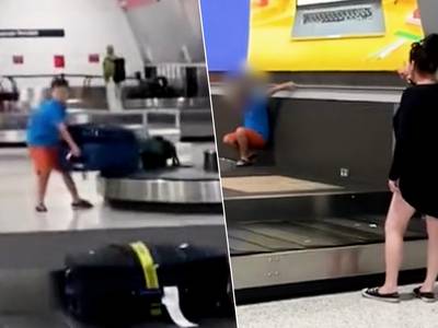 Kind terroriseert luchthaven: jongen loopt over bagageband en gooit koffers op de grond