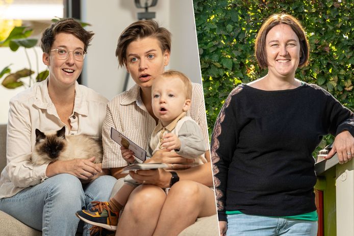 Marlies Marichael (links) en Eline Debast met hun zoontje Moos. Rechts, Stefanie Van Mieghem.