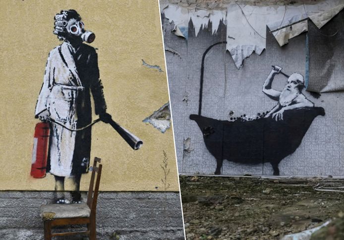 Twee werken van de Britse graffitikunstenaar Banksy.