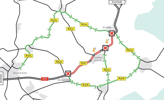 De omleidingsroutes tijdens de werkzaamheden aan de Twenteroute.