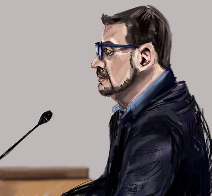 Rechtbanktekening van Paul de R., huisarts, die verdacht wordt van ontucht en misbruik van een patiënte.