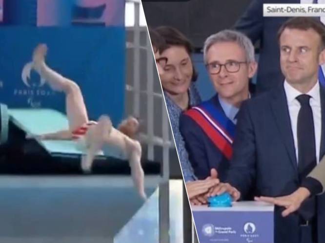 Zoiets wil je niet meemaken: olympische duiker glijdt tijdens onthulling stuntelig uit voor ogen van Franse president