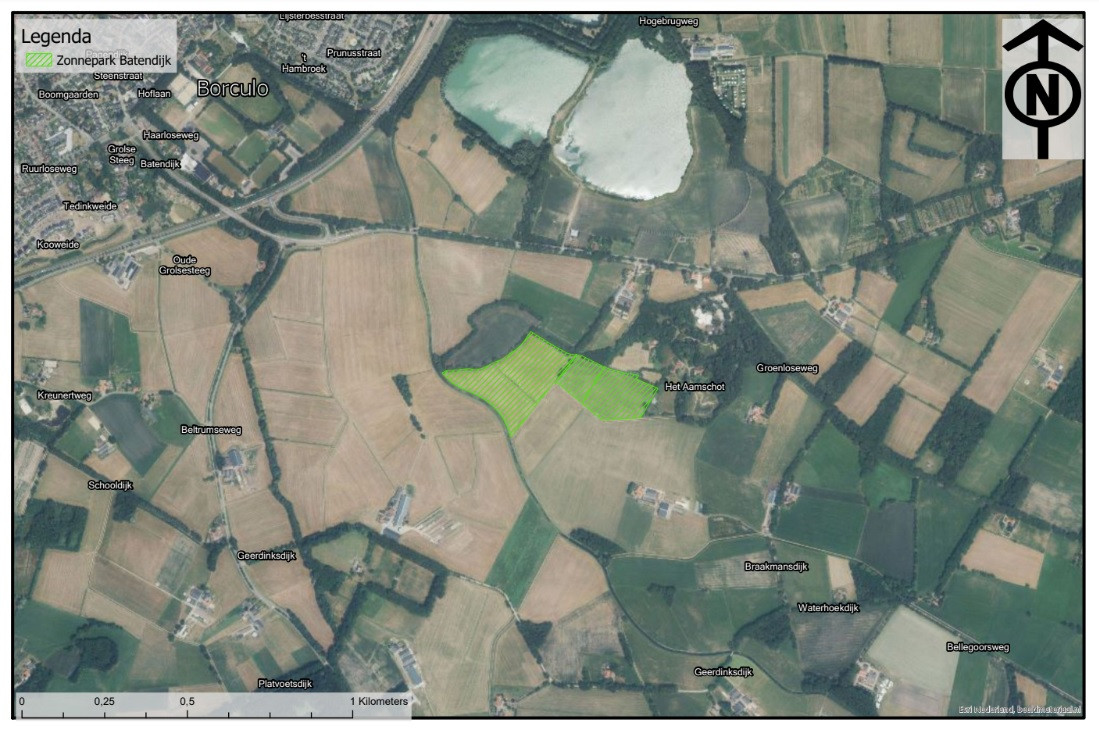 De locatie van het beoogde zonnepark even ten zuidoosten van Borculo.