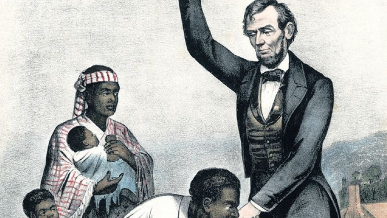 President Abraham Lincoln roept op 1 januari 1863 het einde van de slavernij uit in de Verenigde Staten. Beeld  